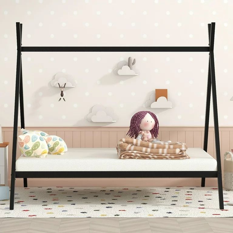Gewnee Full Metal Tent Bed, x-Shaped Floor Play House Bed for Kids Bedroom, Black