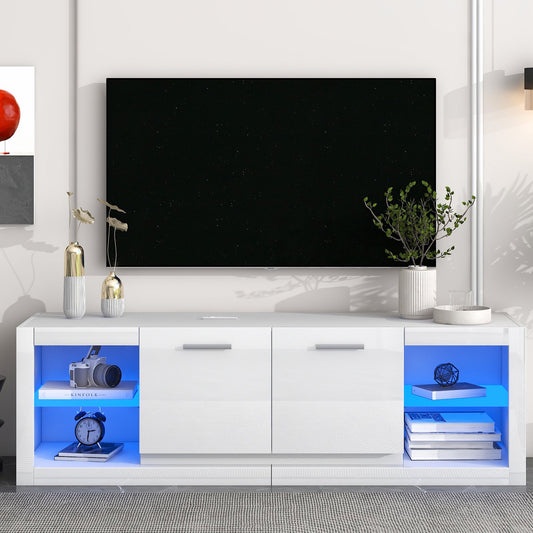 Gewnee TV Stand for TVs up to 70inch,Entertainment Center TV Console with LED Lights&Glass Shelves,White