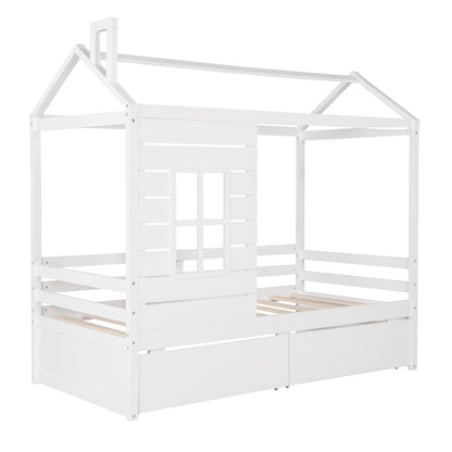 Twin Size House Bed Wood Bed with Two Drawers ( White )