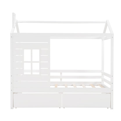 Twin Size House Bed Wood Bed with Two Drawers ( White )