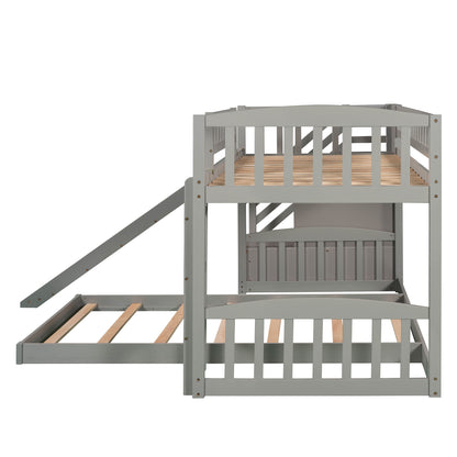 Stairway Twin over Twin Bunk Bed with Two Drawers and Slide, Gray
