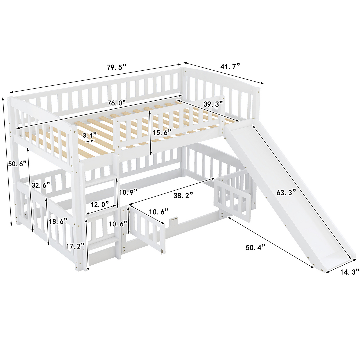 Bunk Bed with Slide,Twin Over Twin Low Bunk Bed with Fence and Ladder
