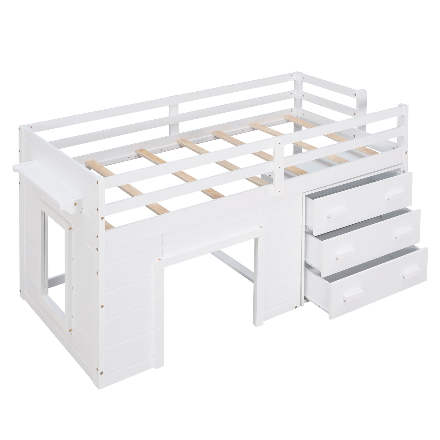 Twin Size Loft Bed with Cabinet and Shelf - White