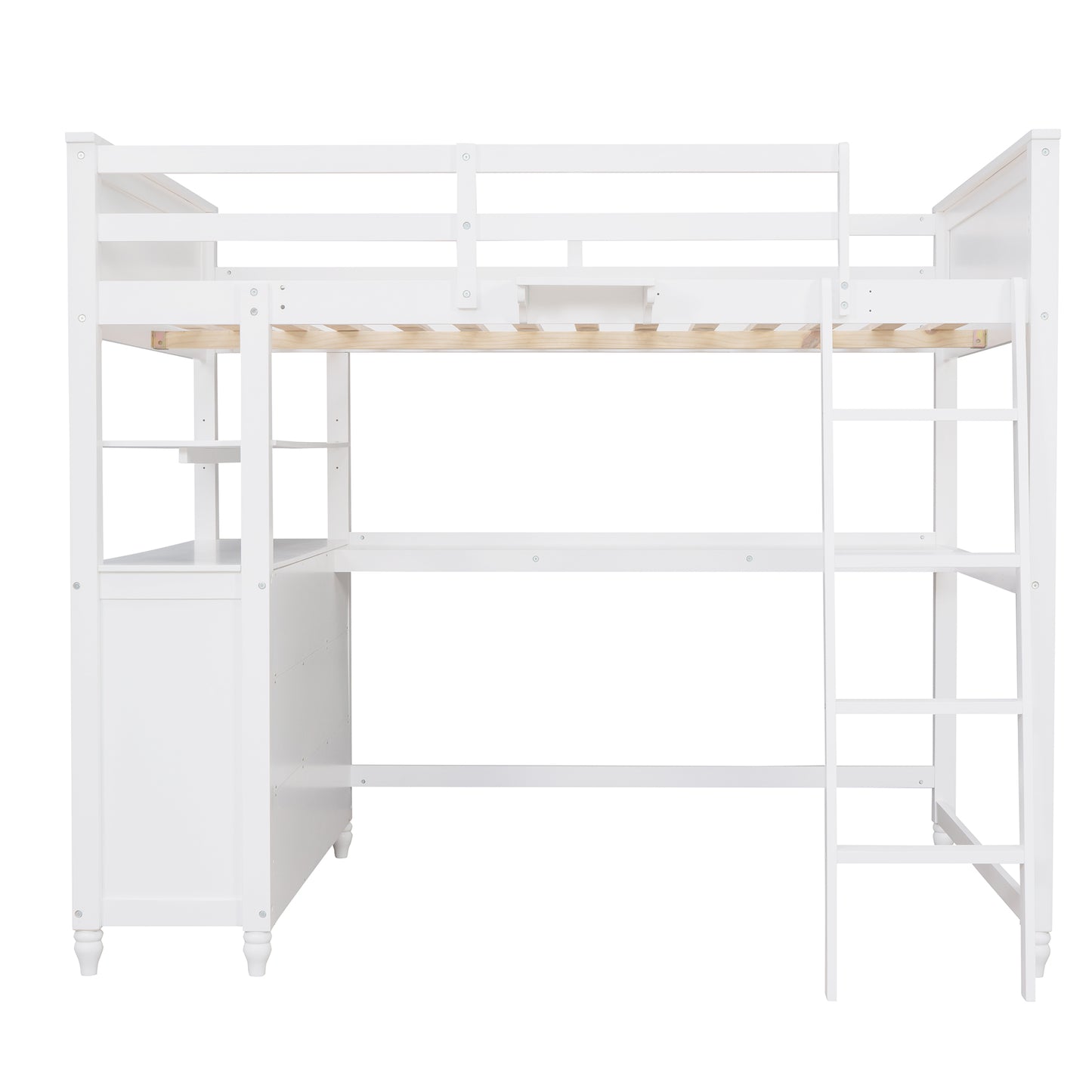 Full size Loft Bed with Drawers and Desk, Wooden Loft Bed with Shelves - White