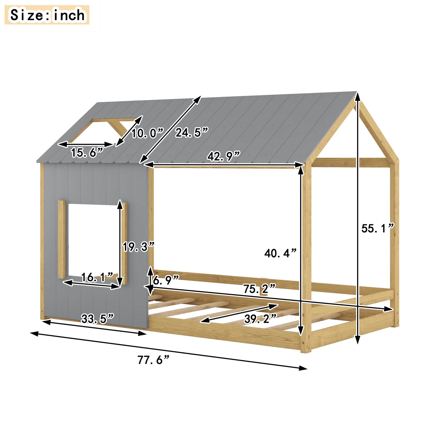 Twin Size House Bed with Roof and Window - Gray+Natural