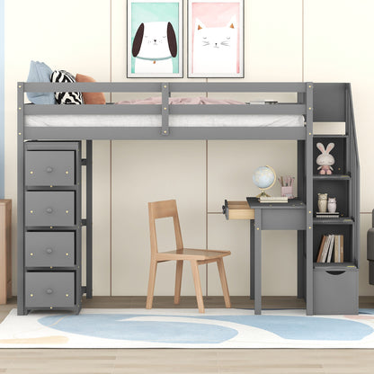 Twin size Loft Bed with Storage Drawers ,Desk and Stairs