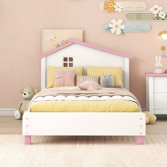 Twin Size Wood Platform Bed with House-shaped Headboard