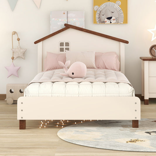 Gewnee Twin Size Wood Platform Bed with House-shaped Headboard for Child,Cream