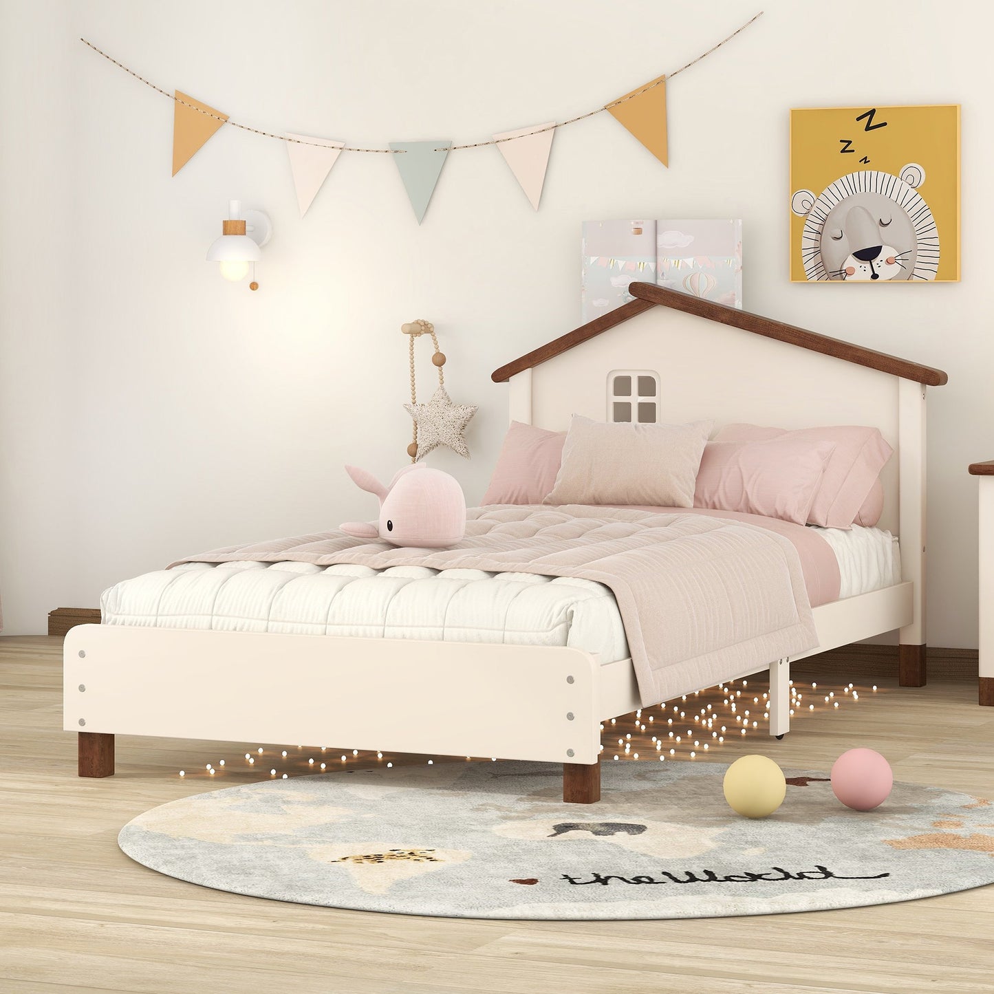 Gewnee Twin Size Wood Platform Bed with House-shaped Headboard for Child,Cream