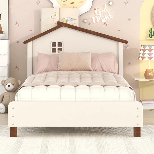 Gewnee Twin Size Kids Platform Bed with House-Shaped Headboard, Toddler Bed Frame for Girls &Boys,Cream