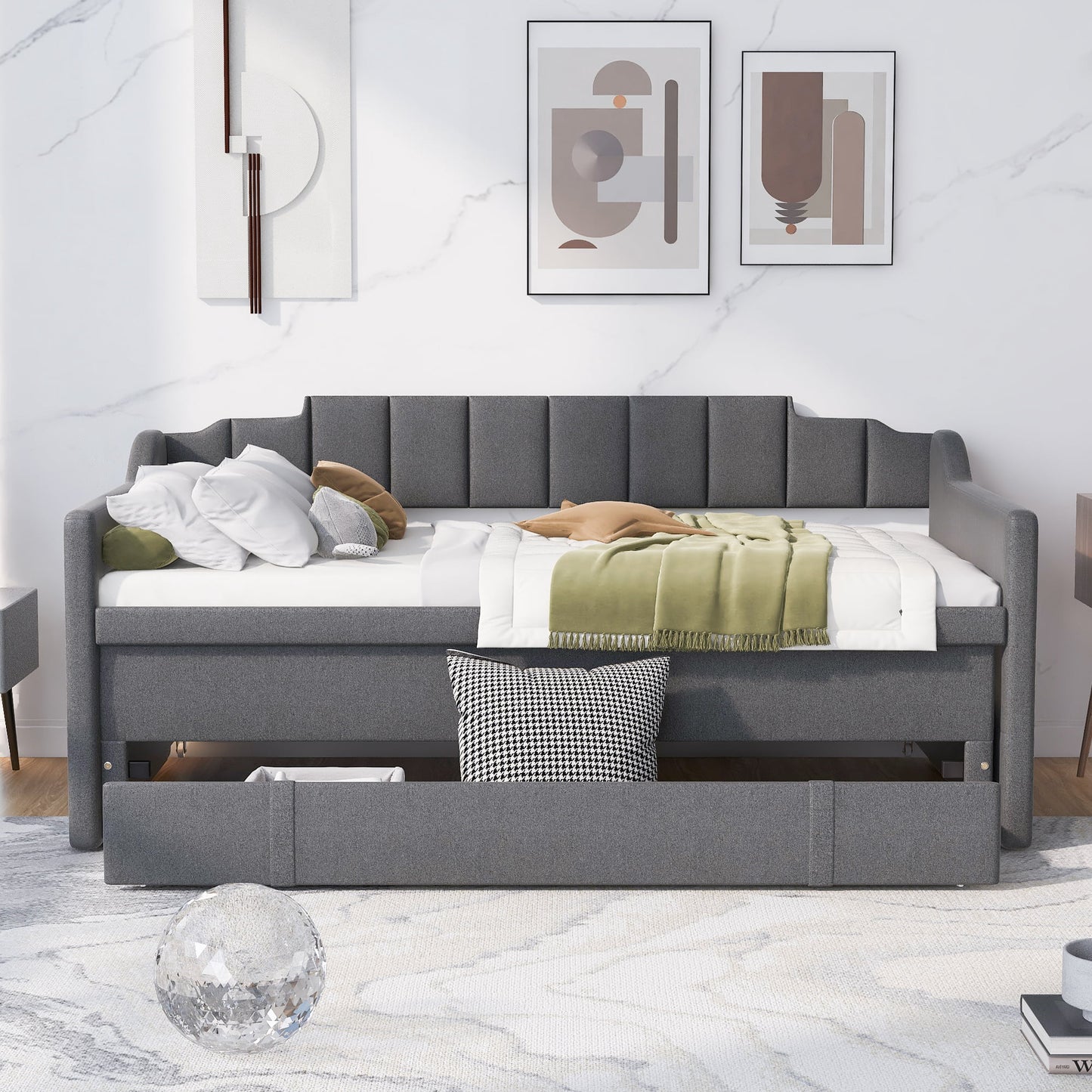 Gewnee Twin Size Upholstery Daybed with Trundle and Drawers for Kids Bedroom, Gray