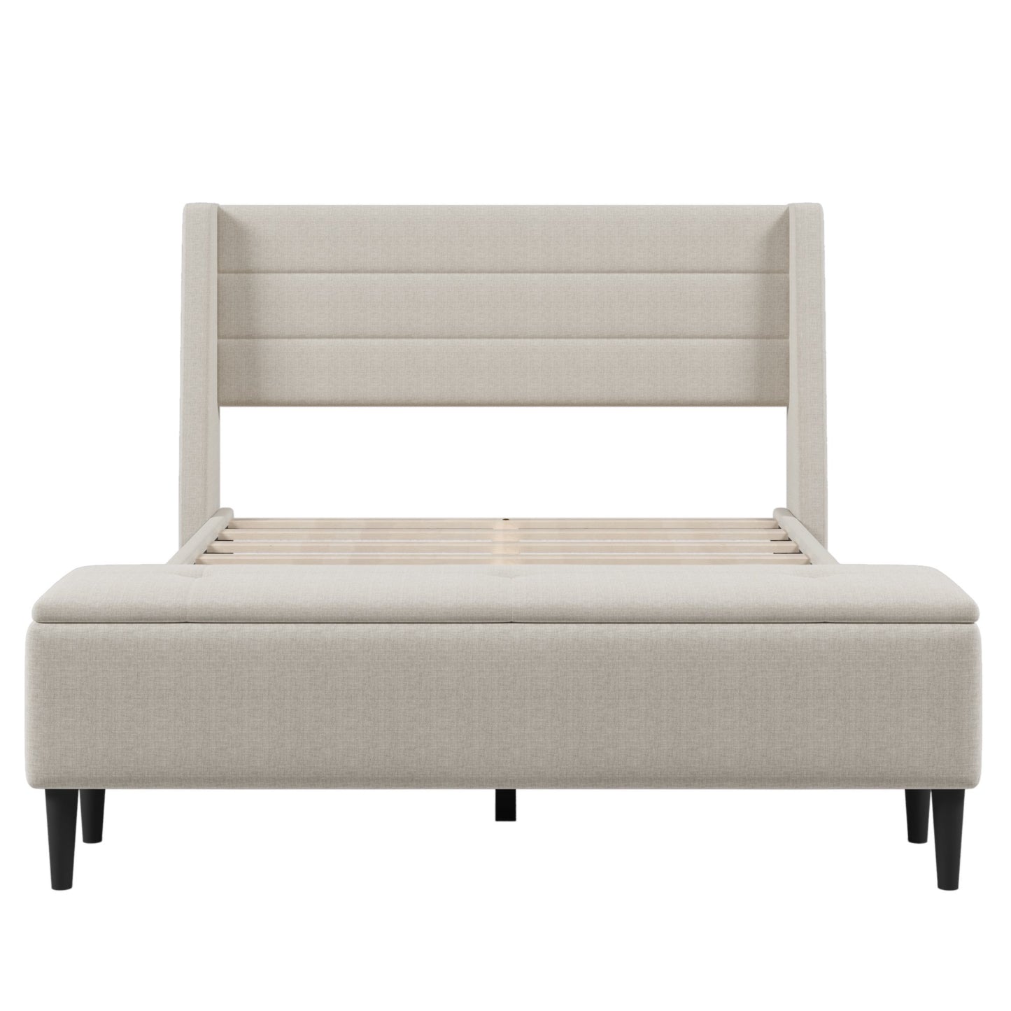 Gewnee Upholstered Queen Size Platform Bed Frame with Storage Ottoman Bench and Headboard,Beige