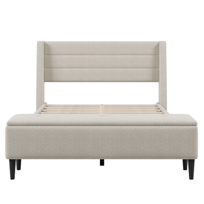 Gewnee Upholstered Queen Size Platform Bed Frame with Storage Ottoman Bench and Headboard,Beige