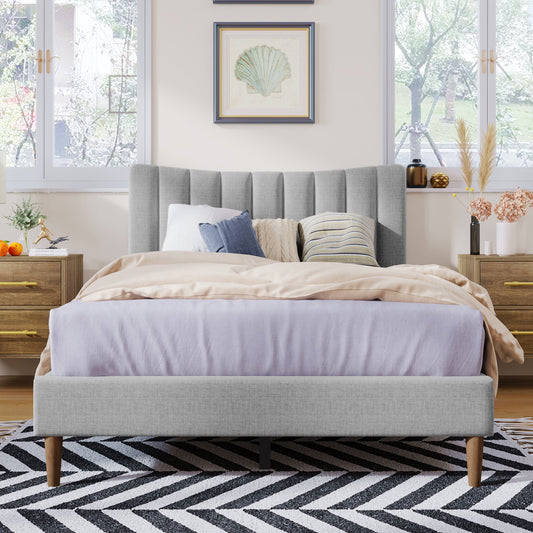 Gewnee Upholstered Full Platform Bed Frame with Tufted Headboard and Solid Wood Legs,Gray