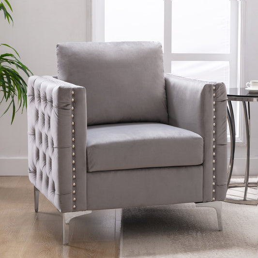 Gewnee Velvet Armchair Tufted Button Accent Chair Club Chair with Steel Legs and Nailhead Decor,Gray