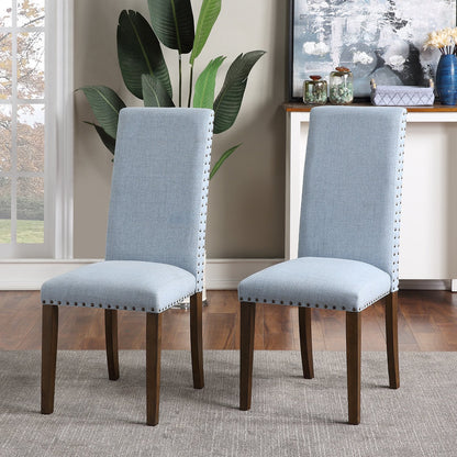 Gewnee Tufted High Back Dining Chair with Solid Wood Legs, Set of 2,Blue
