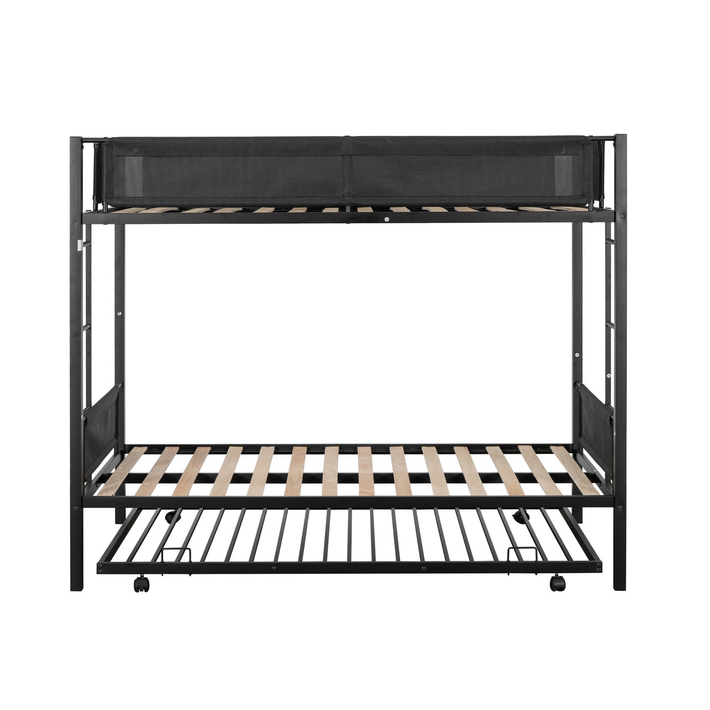 Gewnee Twin over Twin Metal Bunk Bed with Trundle Bed & 2 Side Ladders,Black