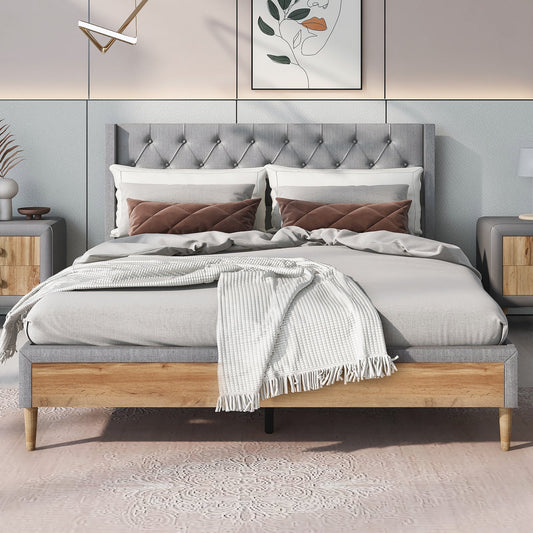 Gewnee Queen Size Upholstered Platform Bed with Wood Slat Support&Rubber Wood Legs,Gray