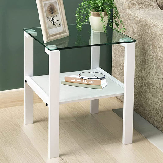 Gewnee Glass End Table,2-Tier Side Table Nightstand Corner Table in White for Bedroom Living Room