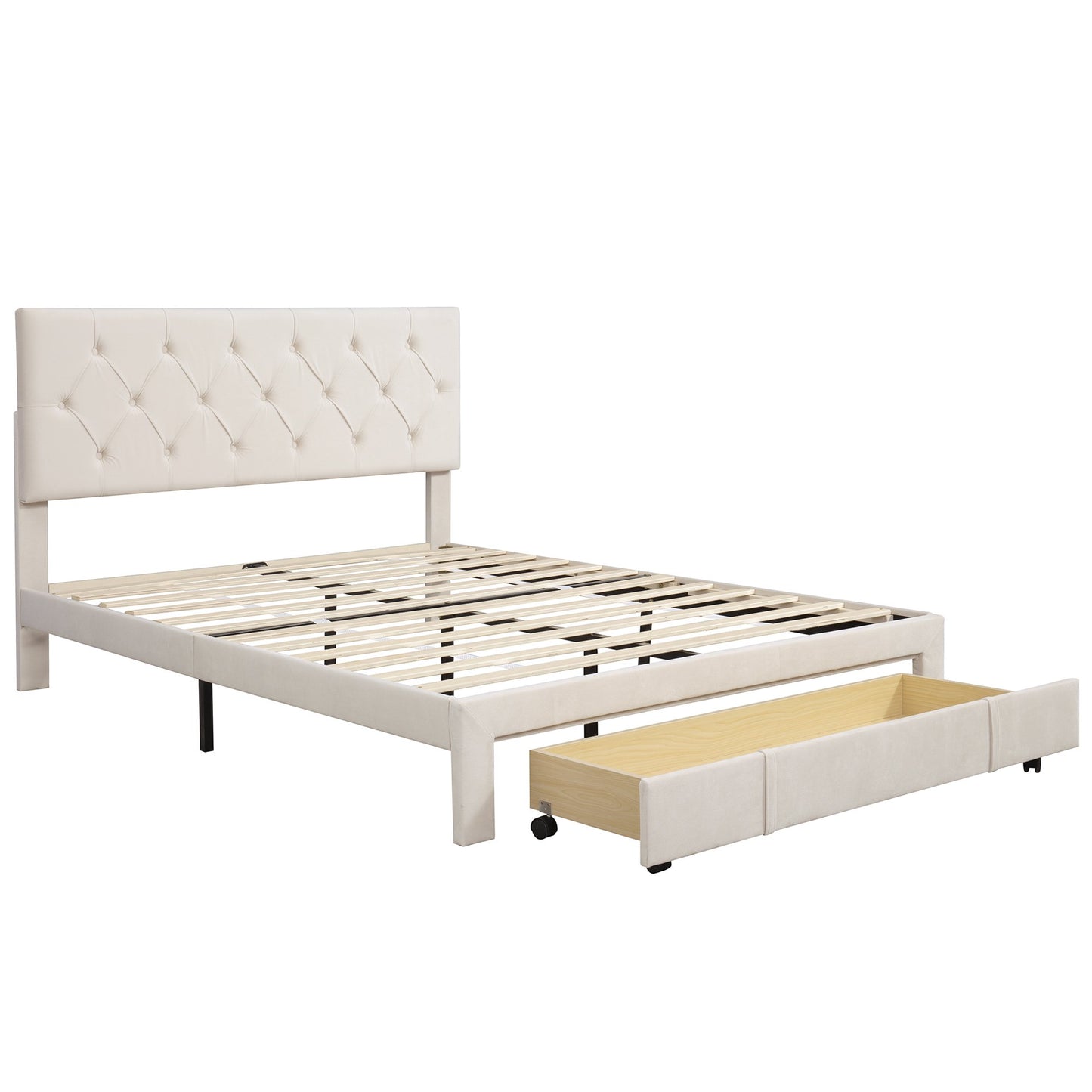 Gewnee Queen Size Metal Platform Bed Frame with Storage Drawer,Beige