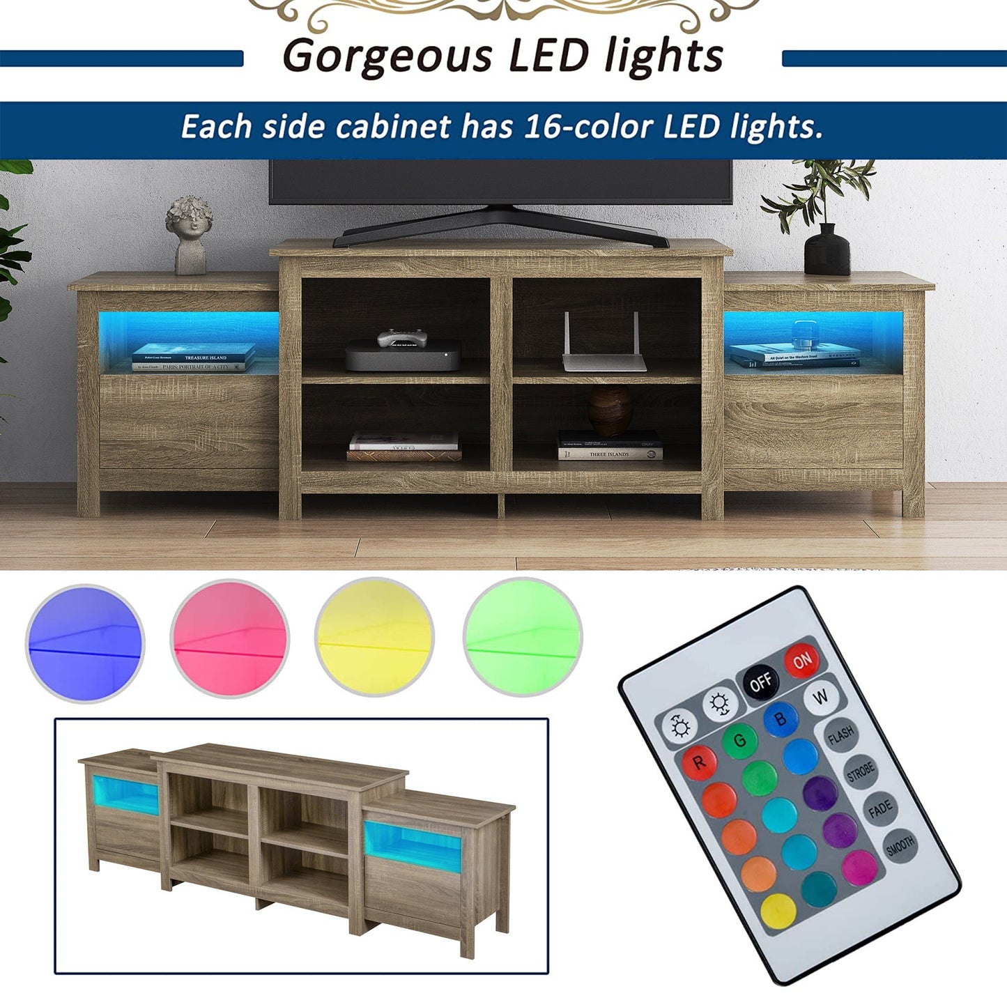 Gewnee LED TV Stand For 65" TVs, TV Cabinet With 16-color RGB LED Lights,Wash Gray